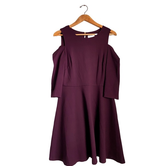 Eliza J Maroon Burgundy Skater Cold Shoulder Dress A-line Wedding Formal Flare - Picture 2 of 9